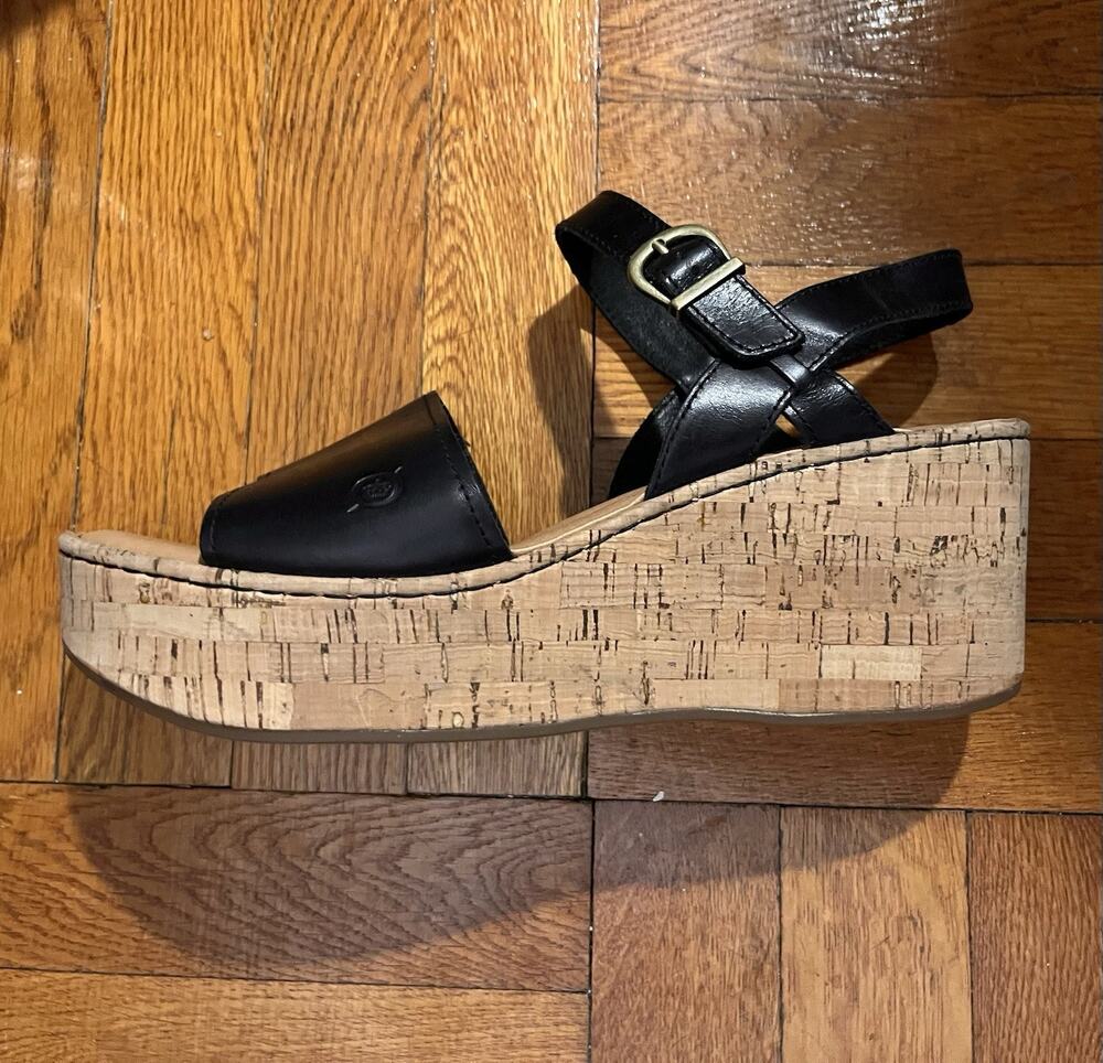 Born Dorrah Sexy Cork Wedge Platform Sandals Womens US 11 Black Leather Party